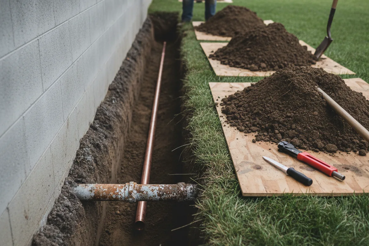 Excavated water line trench during Sewer Line Repair in Eva